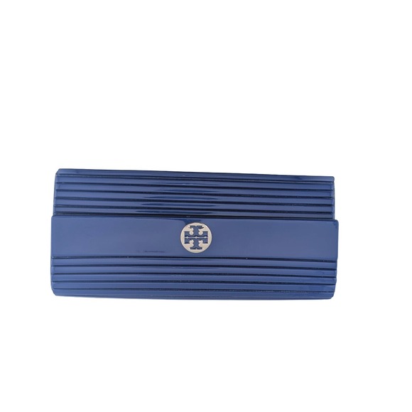 Tory Burch Blue Resin Ribbed Hard Shell Clutch Logo Accent Evening Bag Purse - Picture 1 of 4